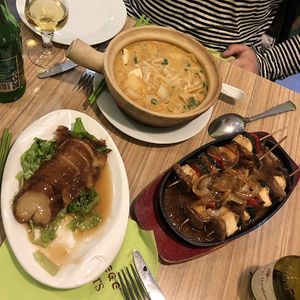 Beef “pot noodle”, duck in oyster sauce and beef skewers  at Vege Saveurs in Paris
