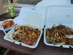 Lasagna, Hawaiian beef, and veg chicken lo mein at Caricom Spices in Scotrun