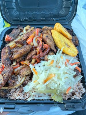 Jerk Strips with rice, plantains, and vegetables. at Caricom Spices in Scotrun