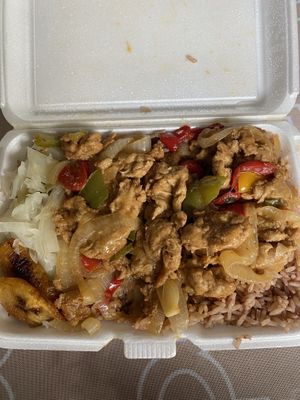 Teriyaki chicken w/rice, cabbage, and plantains at Caricom Spices in Scotrun