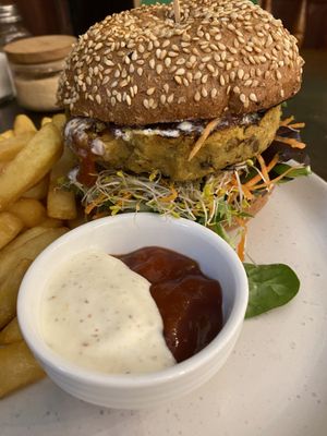   Lentil chickpea burger and chips  at Veggie Vie in Adelaide