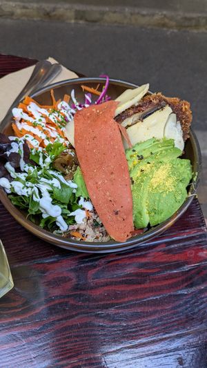 Crumbed mushroom bowl with added avo & bacun at Veggie Vie in Adelaide