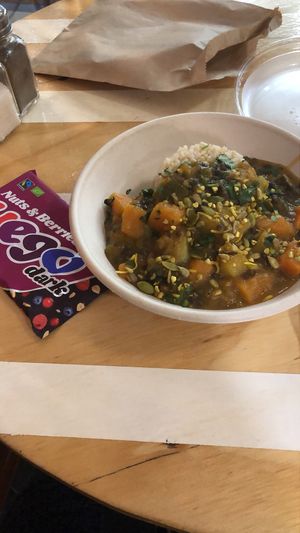 Eggplant curry with pumpkin and brown rice. Bloody delicious  at Veggie Vie in Adelaide