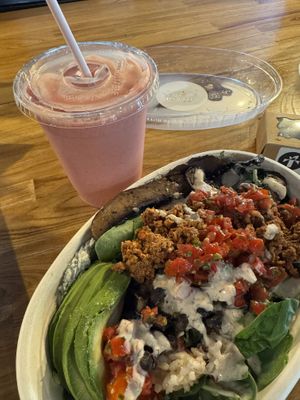 Sunset Berry Smoothie & Walnut Chorizo Bowl  at Thrive Juice Bar and Kitchen in Bar Harbor