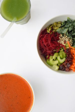 Happy Greens juice, rainbow salad, roasted red pepper soup at Jujubeet - Washington Square in Bellevue