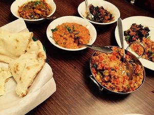 Main course, 3 vegetable dishes all 100% vegan :) at Singh's in Gravesend