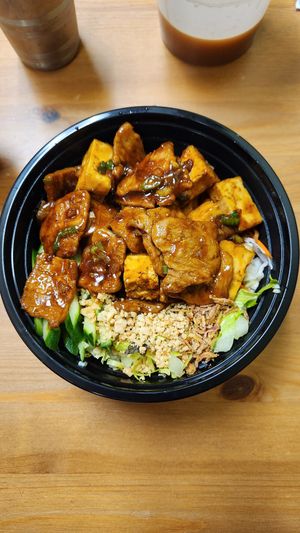 Saucy tofu, vegan meat, and salad on rice at Wei's Noodle House in Ottawa