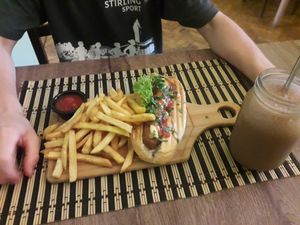 Hot dog and chocolate smoothie at Kiwi Vegan Cafe in Tbilisi