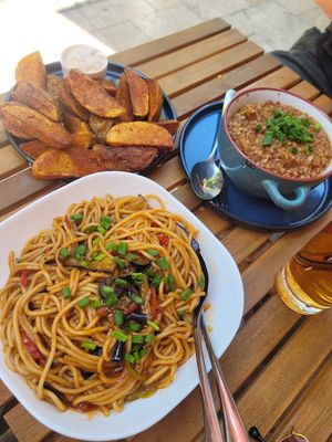 Spagettit Siciliana, Buckwheat with Tofu at Kiwi Vegan Cafe in Tbilisi