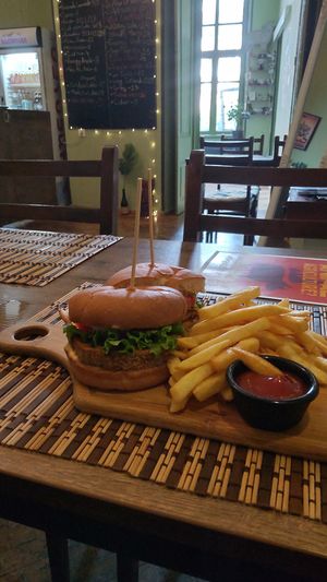 Tofu burger with fries. Tasty and filling. at Kiwi Vegan Cafe in Tbilisi