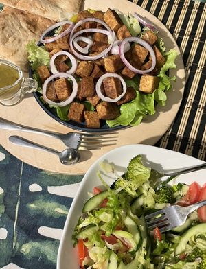 Тофу барбекю и сезонный салат  at Kiwi Vegan Cafe in Tbilisi
