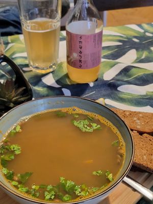 Lentil soup and local kombucha at Kiwi Vegan Cafe in Tbilisi