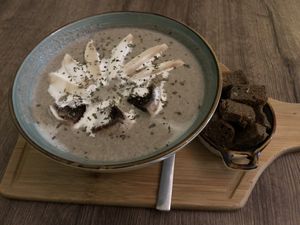 Mushroom cream soup   at Kiwi Vegan Cafe in Tbilisi