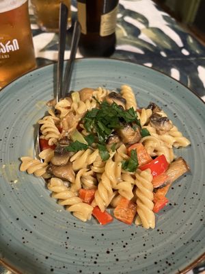 Pasta with mushroom sauce  at Kiwi Vegan Cafe in Tbilisi