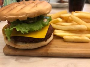 Chickpea burger & Fries  at Kiwi Vegan Cafe in Tbilisi