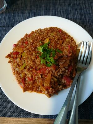 Buckwheat with tofu at Kiwi Vegan Cafe in Tbilisi