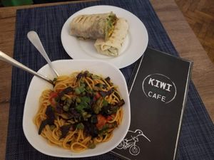 Spaghetti and burrito at Kiwi Vegan Cafe in Tbilisi