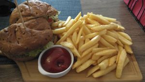 Tofu cheeseburger, was good but I didn't taste any cheese.  at Kiwi Vegan Cafe in Tbilisi