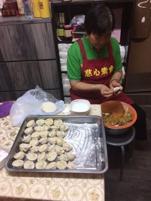 Homemade dumplings, freshly made in front of customers  at CS Vegan in Hong Kong Island
