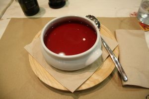 Beetroot gapazcho, it was really good.  at Casa Griega in Barcelona
