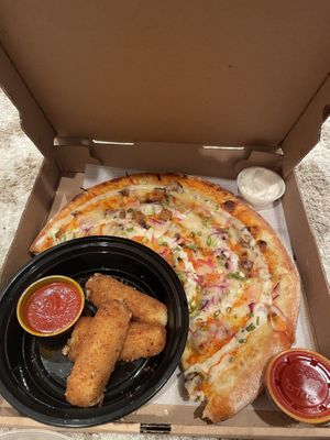 vegan buffalo pizza and vegan mozzarella sticks   at Triangle Tavern in Philadelphia