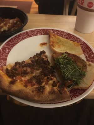 Vegan red pie with vegan meatball and eggplant sandwich (half) at Triangle Tavern in Philadelphia