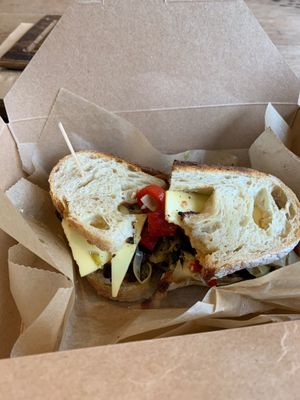 Delicious eggplant roasted red pepper with cheese on sourdough bread at Not Only Juice in Willimantic