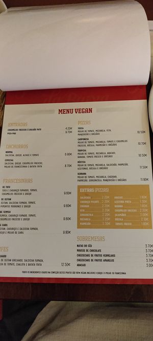 Vegan menu at Francesinhas Al Forno da Baixa in Porto
