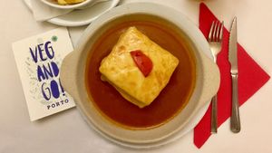 Seitan Francesinha with vegan cheese at Francesinhas Al Forno da Baixa in Porto