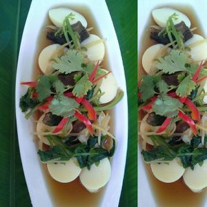 Steamed Tofu with herbs 60 baht.  at Vegetarian House in Koh Samui