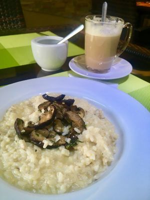 mushroom risotto & soy latte at Bosco Verde Italian Vegan Restaurant in Ulaanbaatar