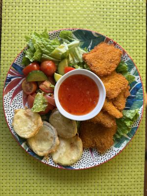 Eggplant, zucchini & chick’n nuggets   at Bosco Verde Italian Vegan Restaurant in Ulaanbaatar