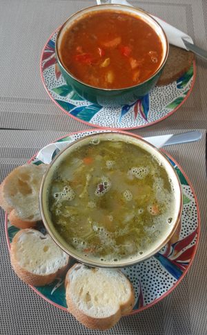 Tuscan minestrone soup; 
Hungarian bean soup at Bosco Verde Italian Vegan Restaurant in Ulaanbaatar