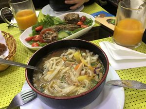 mongolian soup, juice and filled vegetables at Bosco Verde Italian Vegan Restaurant in Ulaanbaatar