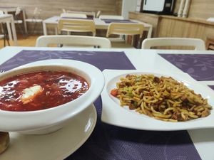 Borscht and udon noodles at Vitos Vegan - Витос веган in Ulaanbaatar