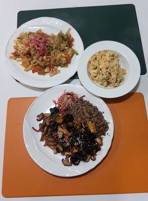 Tsuivan, Wood ear mushroom stir fry, Potato salad at Vitos Vegan - Витос веган in Ulaanbaatar