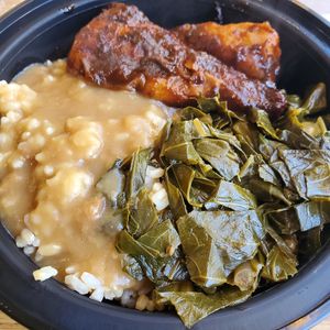 Jerk Chick'N with brown rice/gravy with collard greens at The Nile Cafe in Philadelphia