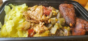cabbage, ginger chikn, okra, jerk drumsticks at The Nile Cafe in Philadelphia