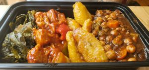 collards, bbq chikn, plantains, jerk chickpeas at The Nile Cafe in Philadelphia