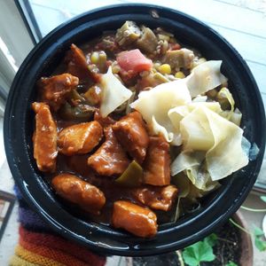 BBQ chicken, cabbage, okra+corn+tomato at The Nile Cafe in Philadelphia