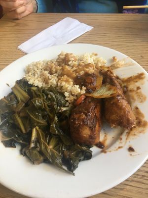Chick’n Wings and collards and rice at The Nile Cafe in Philadelphia