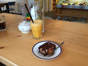 Amazing juice and vegan cake of the day. at Airtime Cafe in Lauterbrunnen