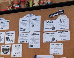 The menu. Vegan sandwich, pasta and breakfast. at Airtime Cafe in Lauterbrunnen