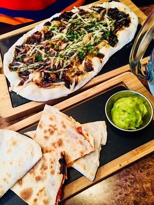 quesadila and caramelised onion flat bread at The Bohemian in Newcastle Upon Tyne