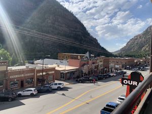 View of Main Street from the roof top  at Ouray Brewery  in Ouray