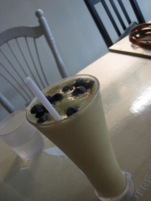 This smoothie is called the Bubble Tea and contains blueberry 'bubbles', peaches, maple syrup and soy milk. I thought it was quite amazing.  at Le Doggy Cafe in Montreal