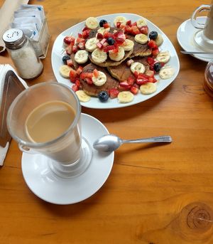 Vegan pankakes and oat cappuccino at Fruzion in Paracas