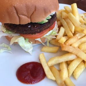 Vegan smoked soy burger! The buns are now vegan apparently and tasted real good with the bbq sauce they provide! at Fruzion in Paracas