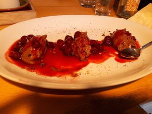 Mousse au chocolat with cherry sauce at Gruene Kombuese in Rostock