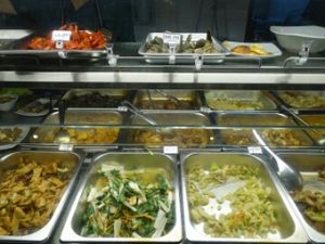pre cooked dishes to go along with rice or bee hoon  at Hai Cun De Vegetarian Stall in West Singapore